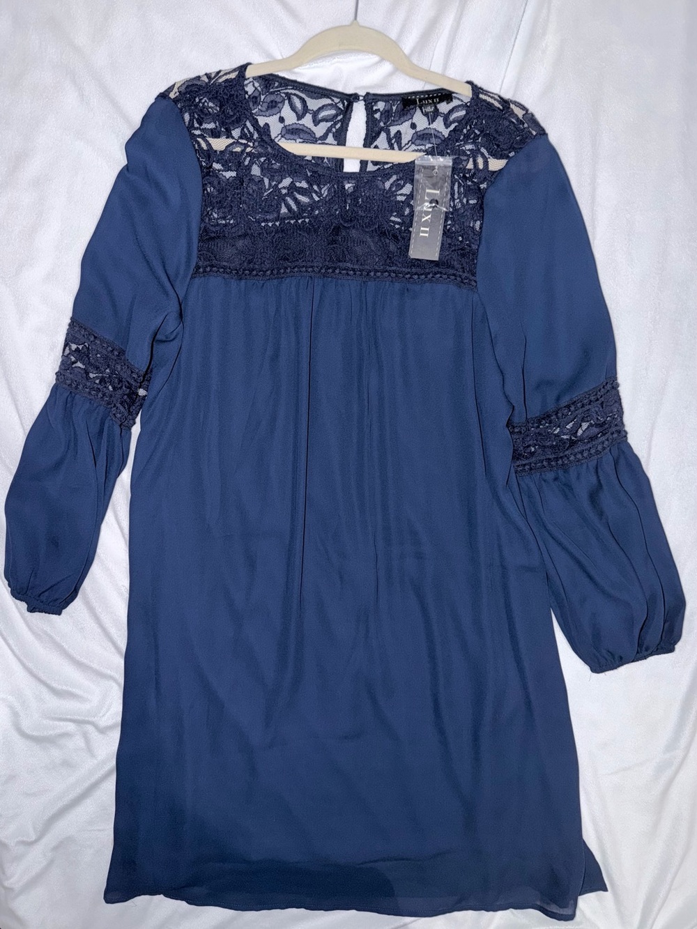 Navy Lace Yoke Long Sleeve Dress